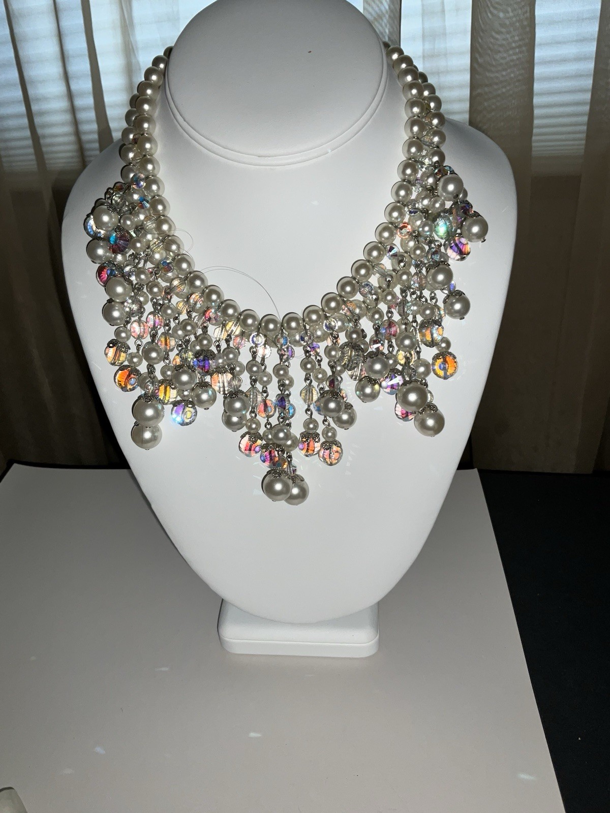 Vintage Vendome Faceted AB Glass & Faux Pearl Fringe Statement Huge Necklace