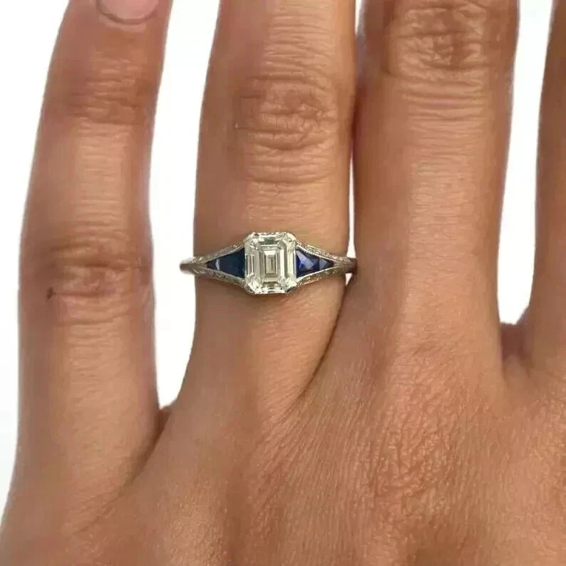 Art Deco Style Emerald Cut Lab Created Diamond 925 Silver Engagement Ring