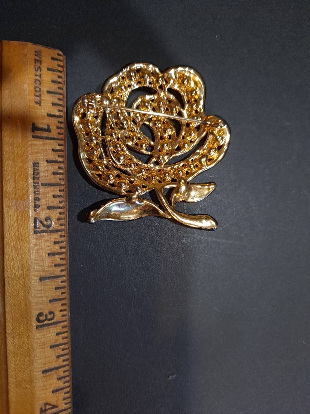 Vintage Rhinestone Flower Brooch Gold Black Enamel Flower Brooch Pin White Stone