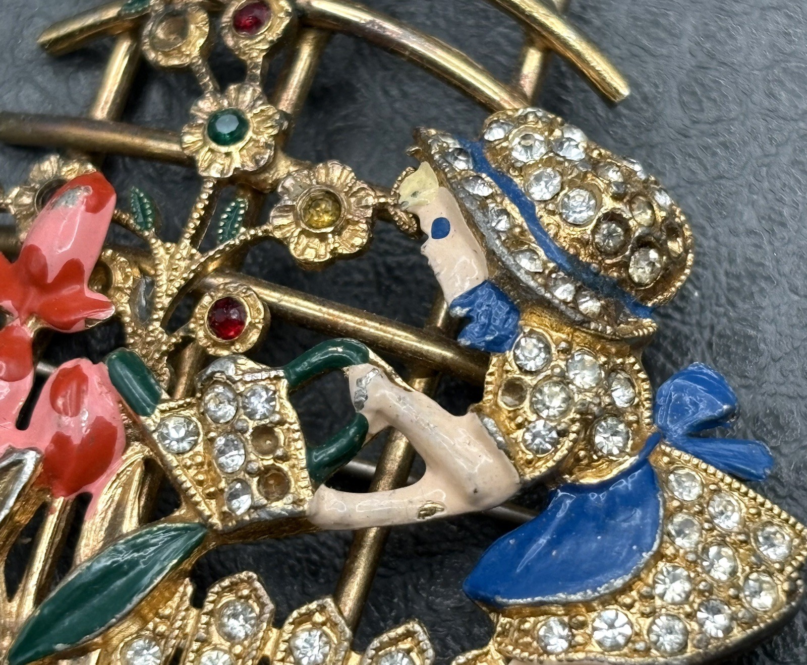 VTG Mistress Mary Enamel Rhinestone Girl Watering Flowers Pot Metal Pin Brooch
