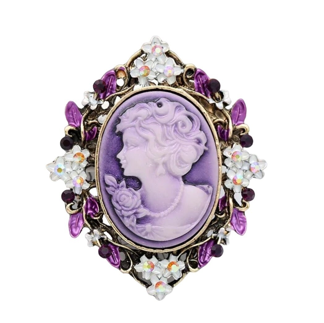 Brooch Cameo Lavender Violet Purple Lady with Flowers Gold Tone