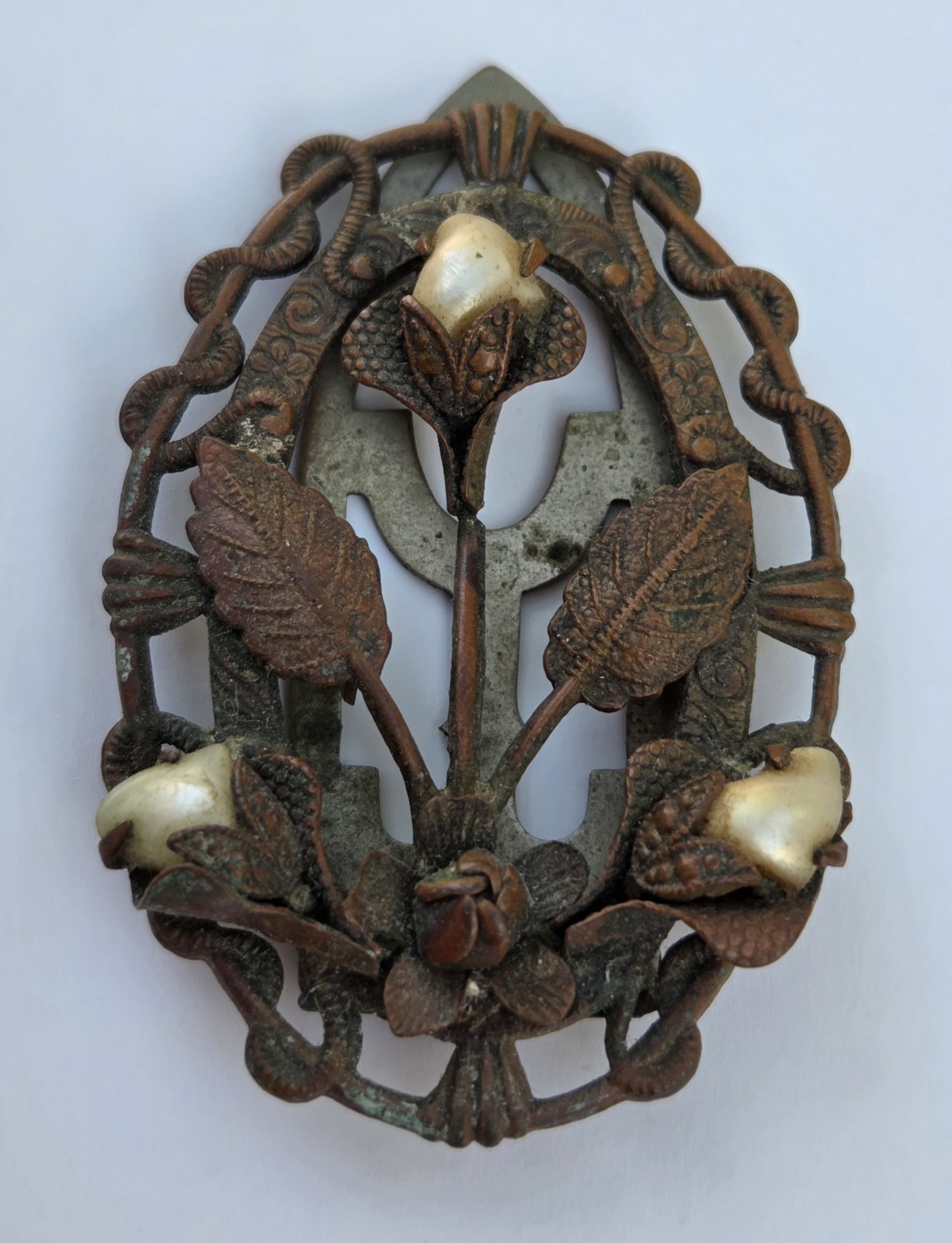 Antique Embossed Floral Bronze Metal Art Nouveau Pearl Flower Brooch Pin