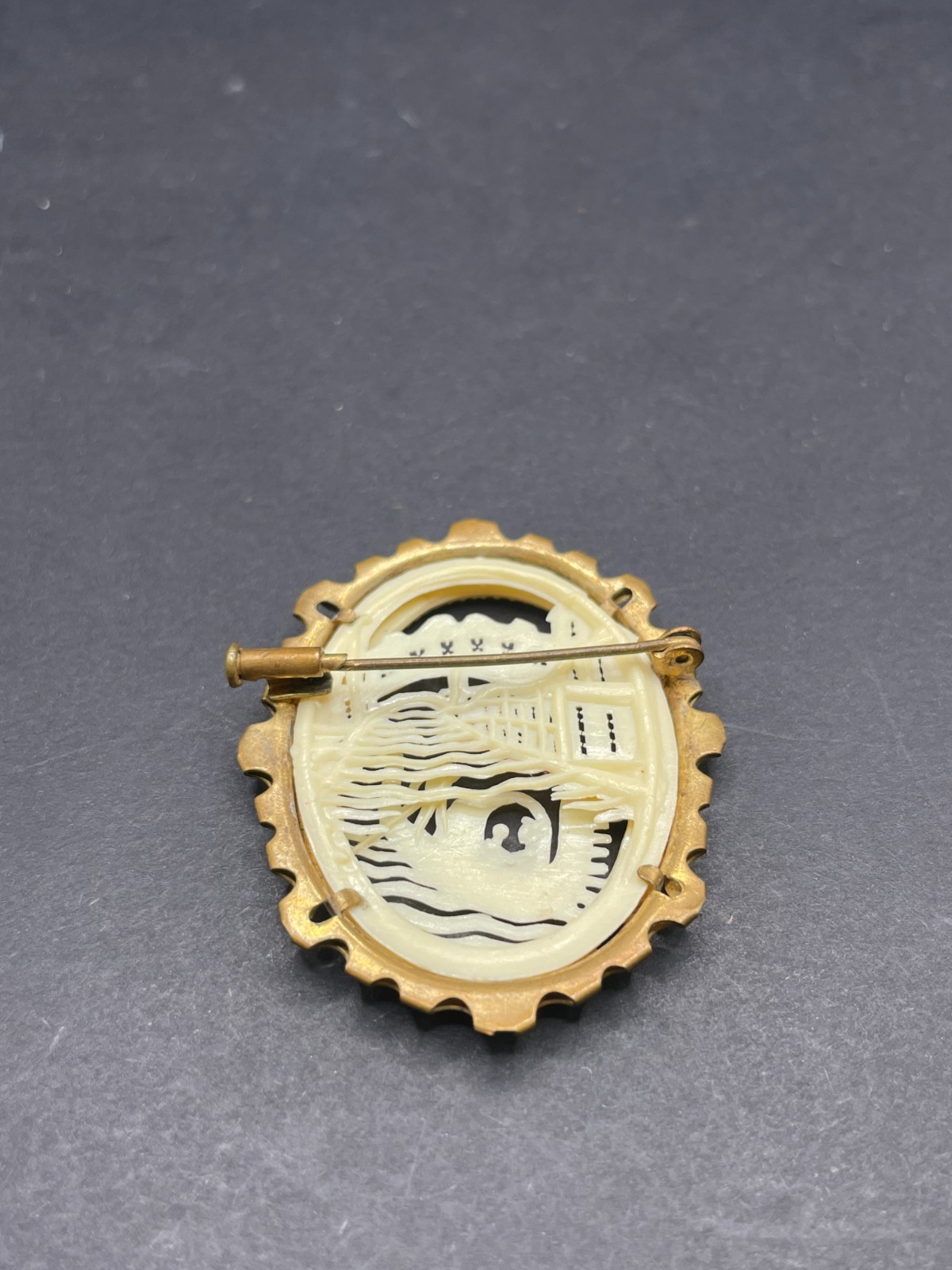 Vintage Art Deco Carved Celluloid Venice Scene Brooch Cameo