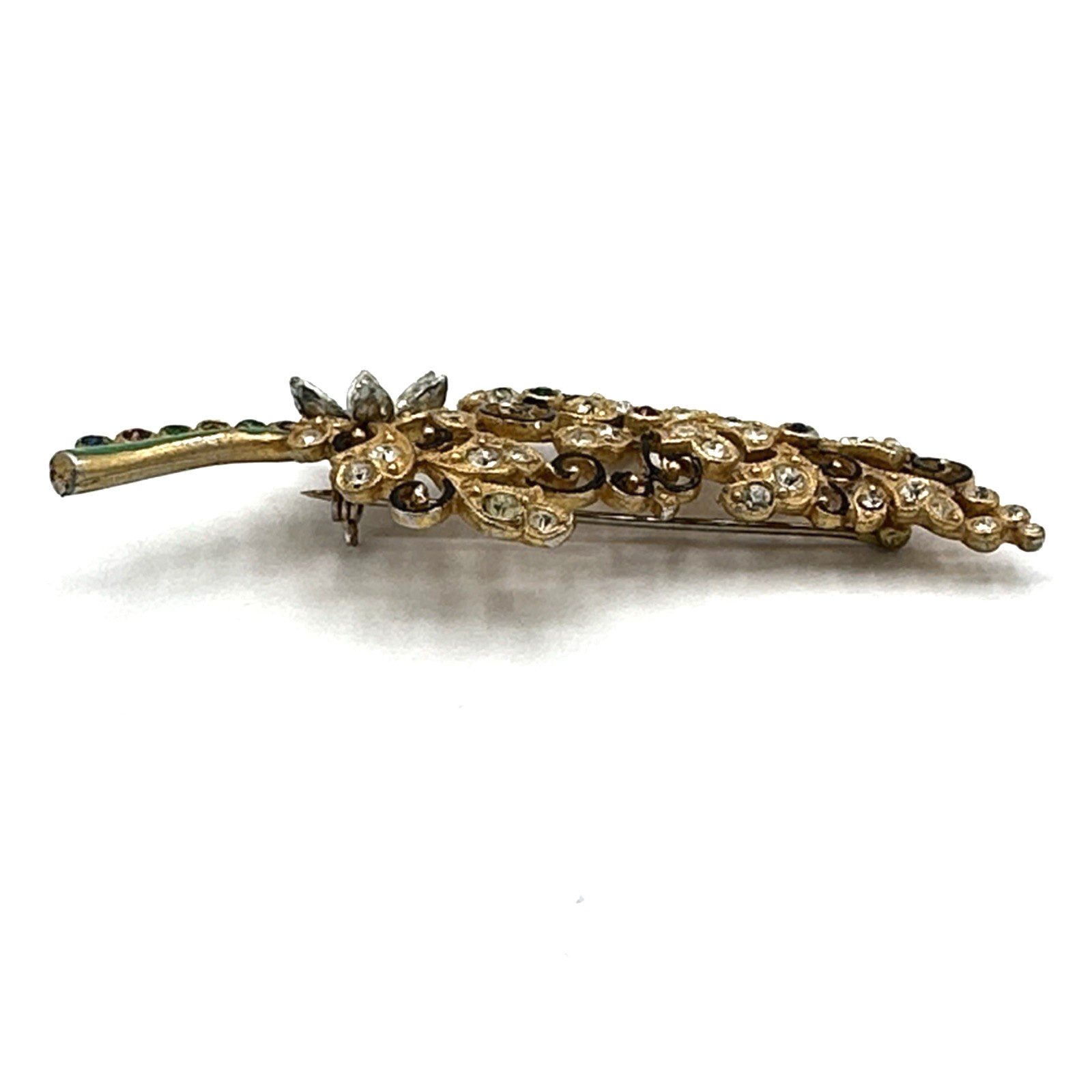 FLORAL SPRAY vintage brooch – 1940s pot metal enamel & rhinestone pin – colorful