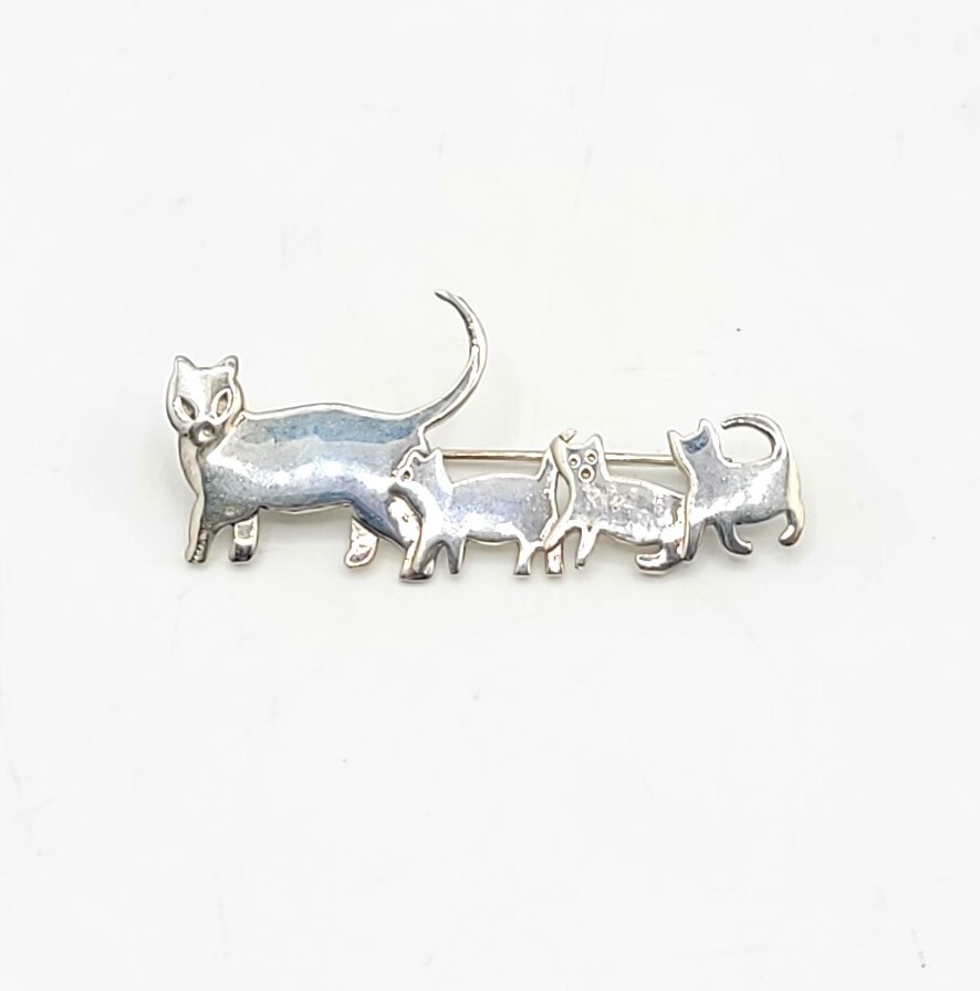 Vtg Brooch Pin Cat Mom Kittens Designer Signed Sterling Silver 925 Jewelry