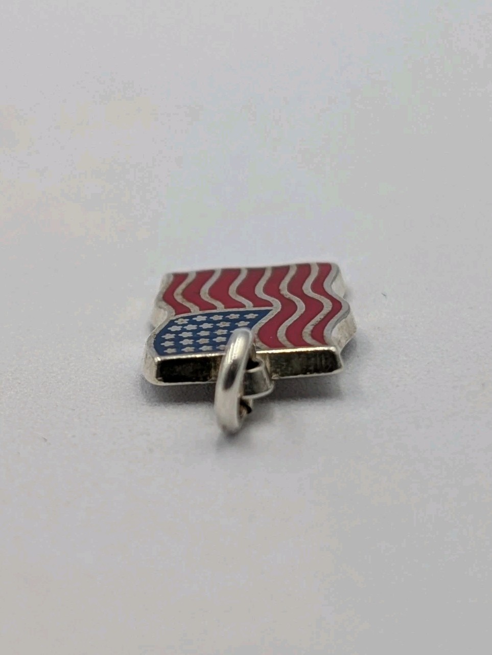 Vtg 925 Sterling Silver Blue Red Enamel American Flag Charm Waving USA Pendant