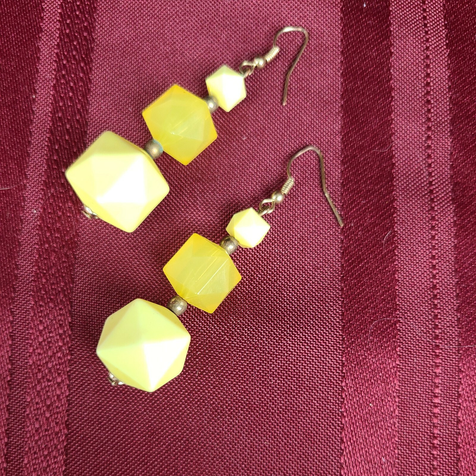 Yellow Faceted Square Beads 3 Strand Necklace with Matching Pierced Earrings