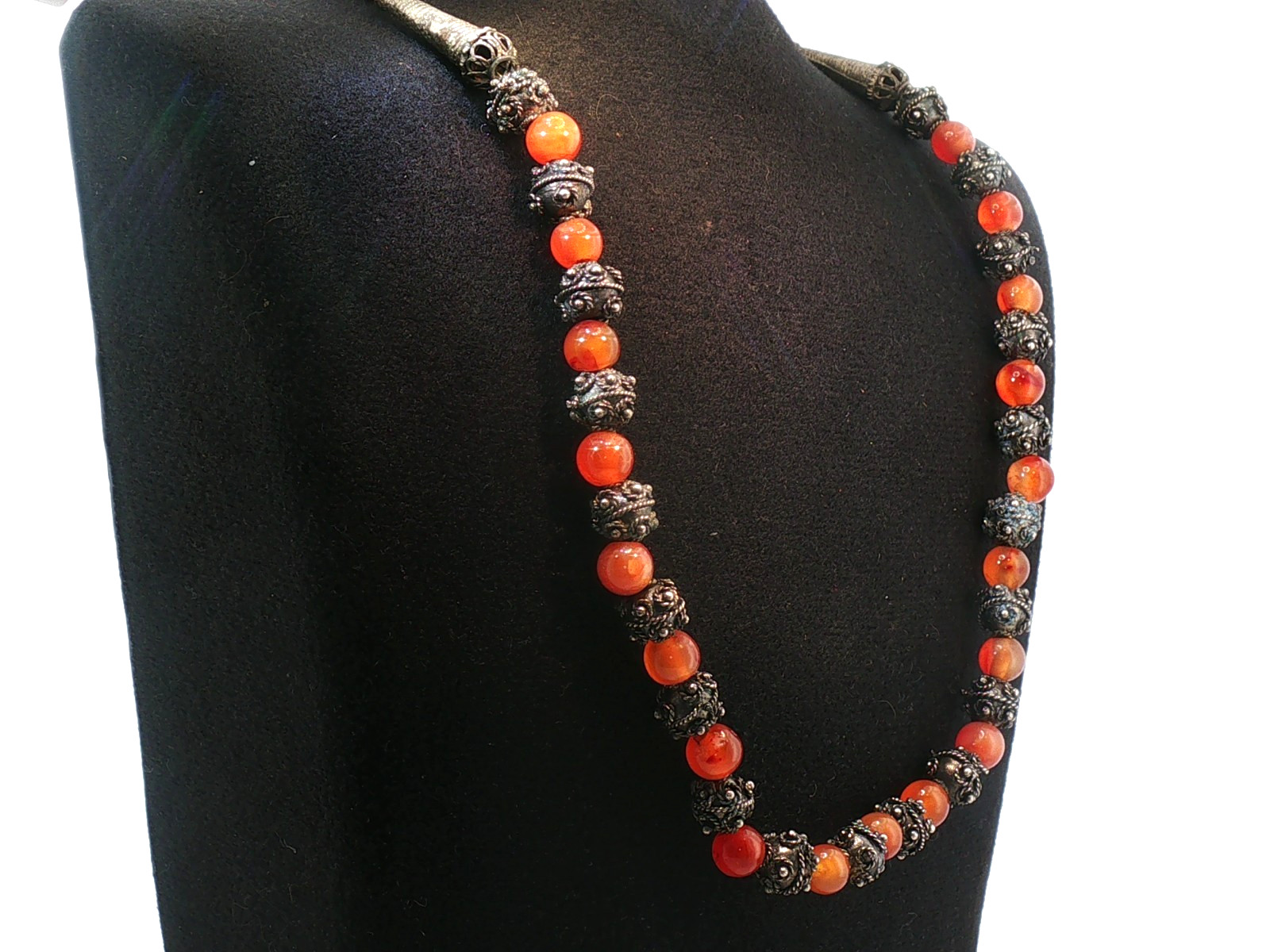 Vintage Orange Stone Bead Necklace – Ornate Metal Filigree Spacers, Boho Tribal