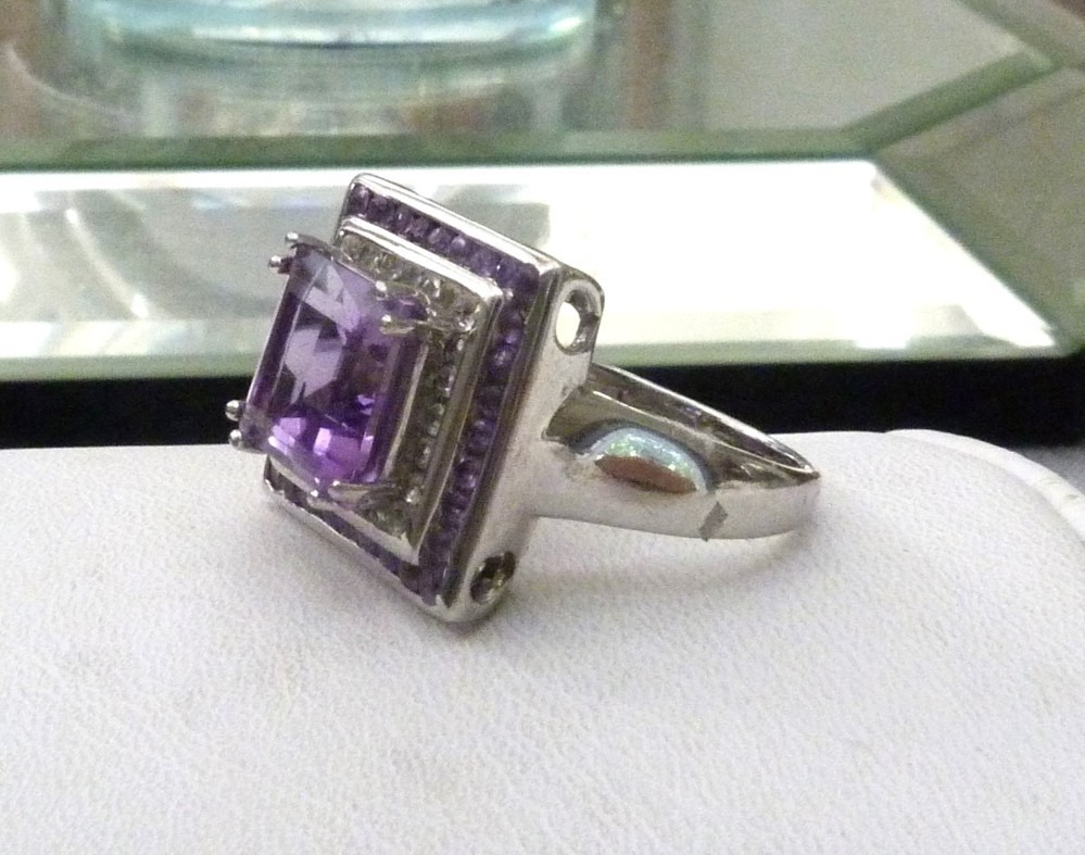 DESIGNER TC 5.62 ASSCHER AMETHYST HALO WHITE ZIRCON STERLING SILVER RING SZ 10