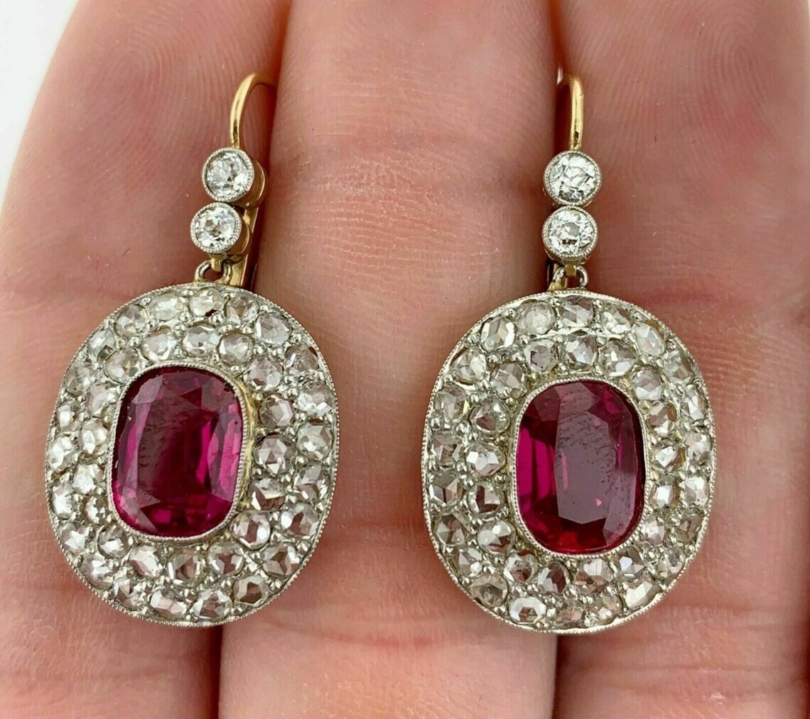 Cushion Cut Ruby & Lab Created Diamond Double Halo Wedding Gold Finish Earrings