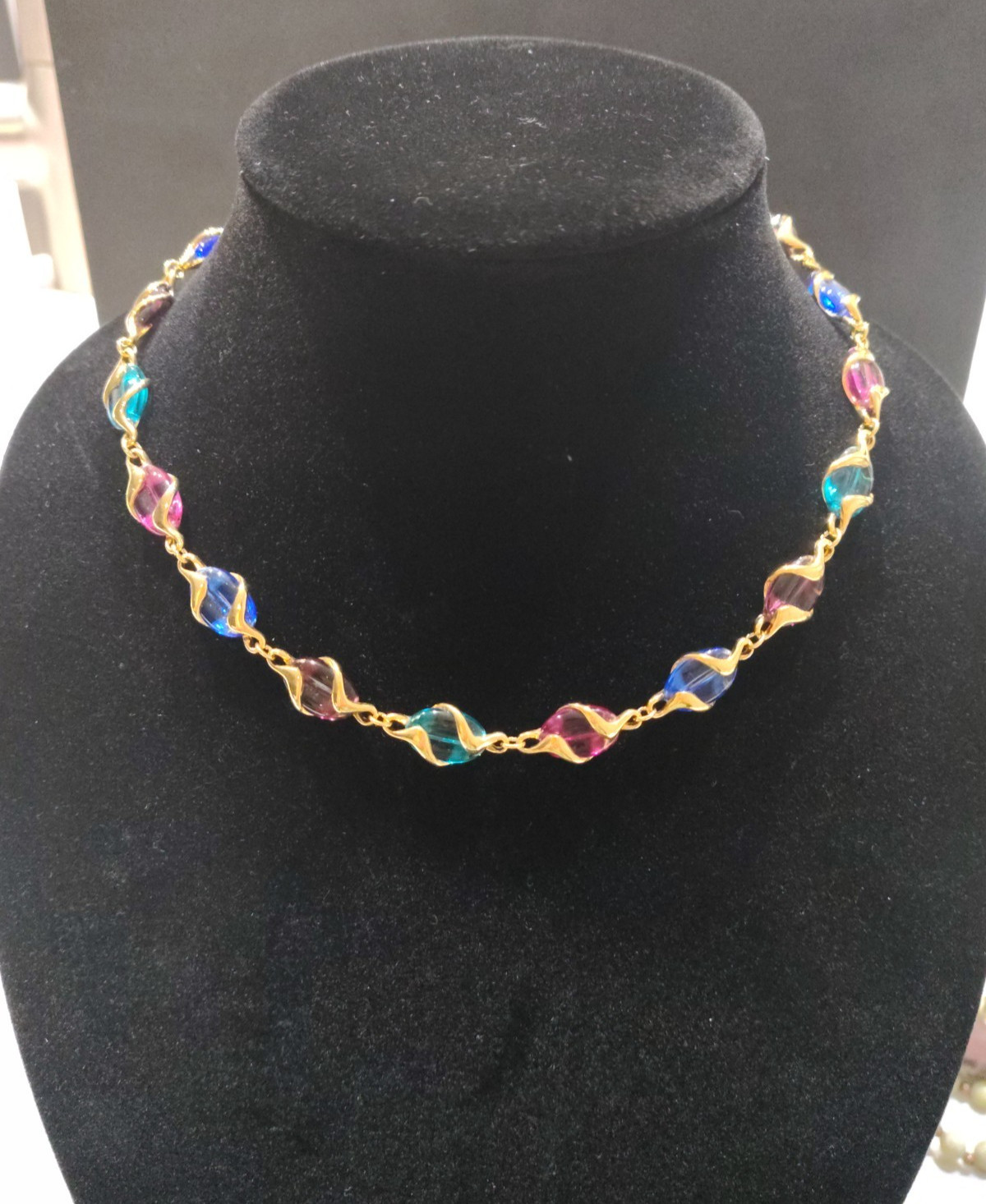 Vintage Swarovski Multicolor Crystal Caged Bead Necklace Gold Tone Signed Swan
