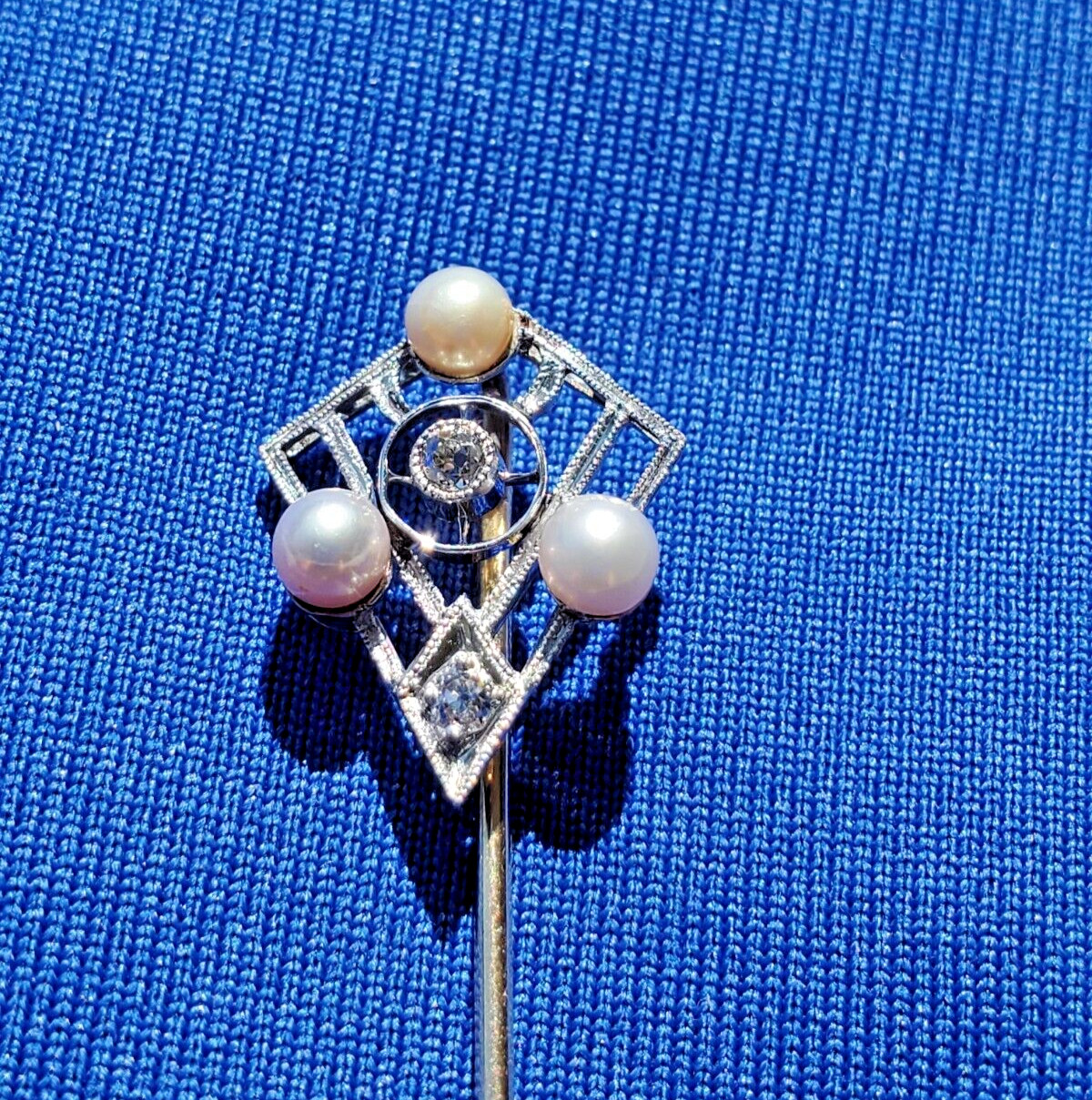 Original EARTH MINED DIAMOND Deco Gatsby era Pin Vintage Pearl 14K WHITE GOLD