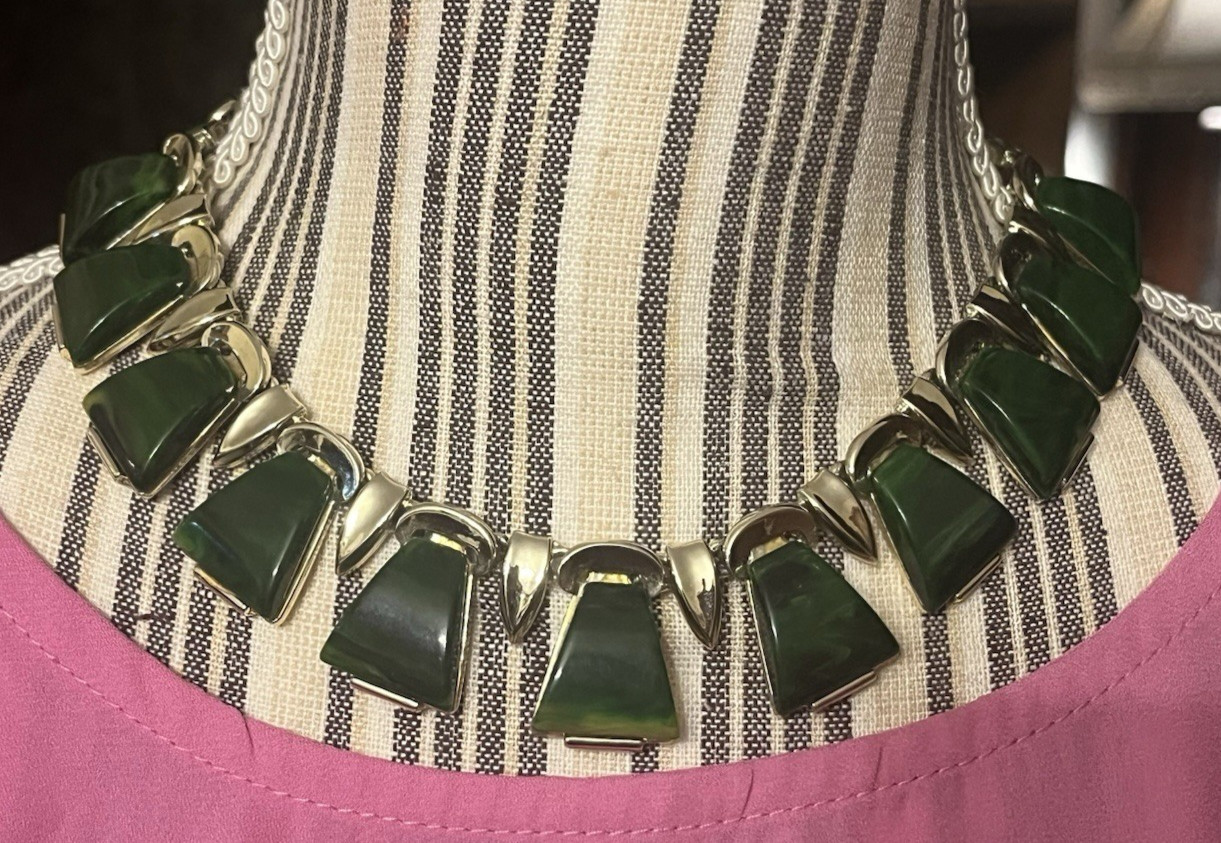 Vintage CHAREL Spinach Green Bakelite, Egyptian Revival, Necklace, Simi Tested!