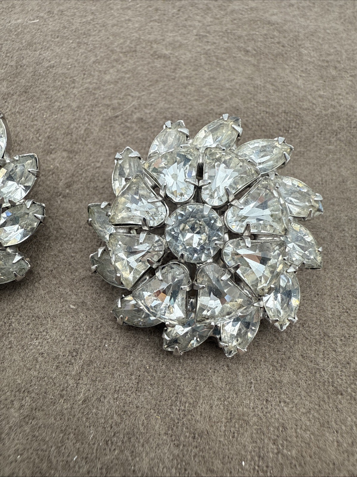 Vintage Clear Rhinestone Tiered Clip On Earrings Silver Tone