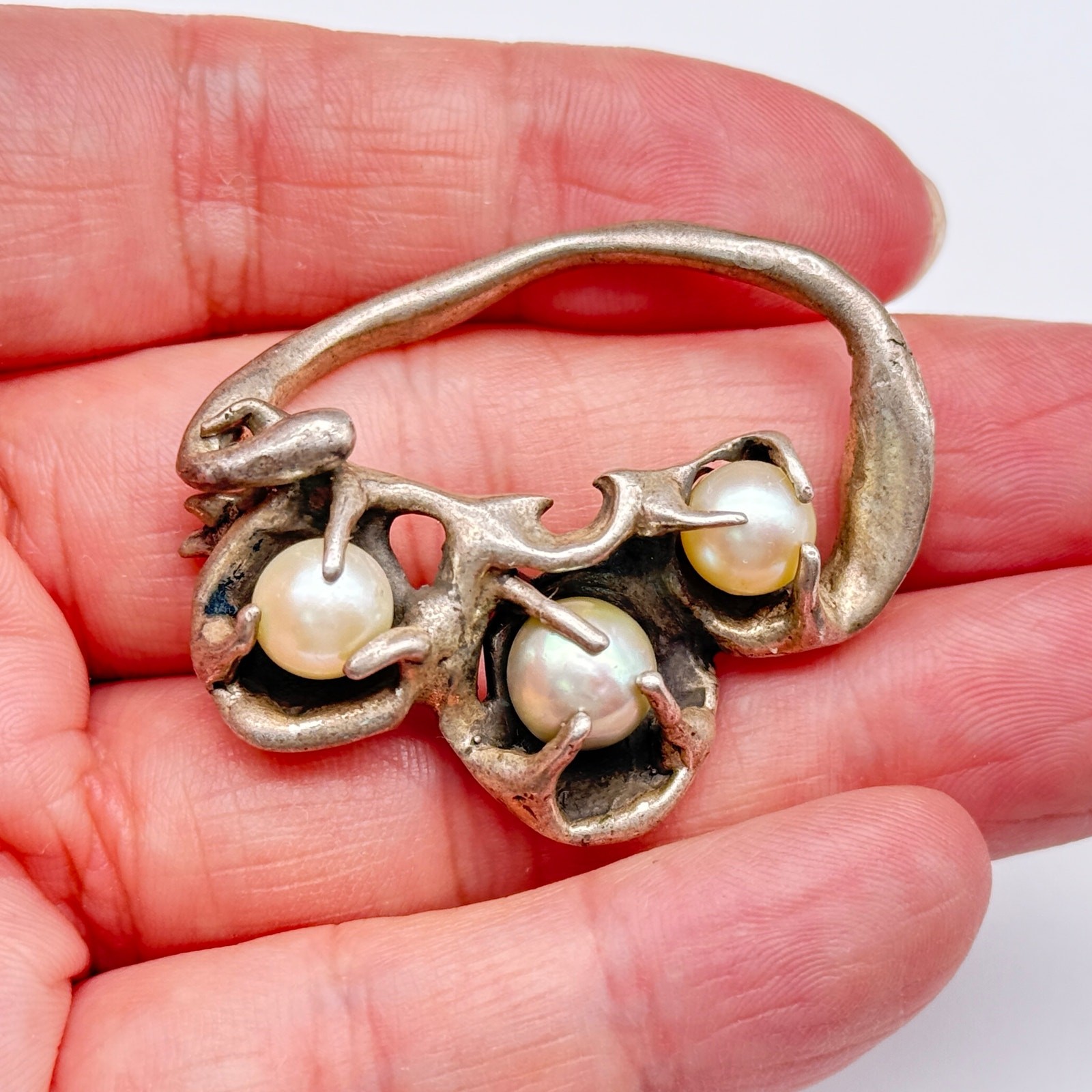 Vintage Brutalist Abstract Pearl Silver Pendant