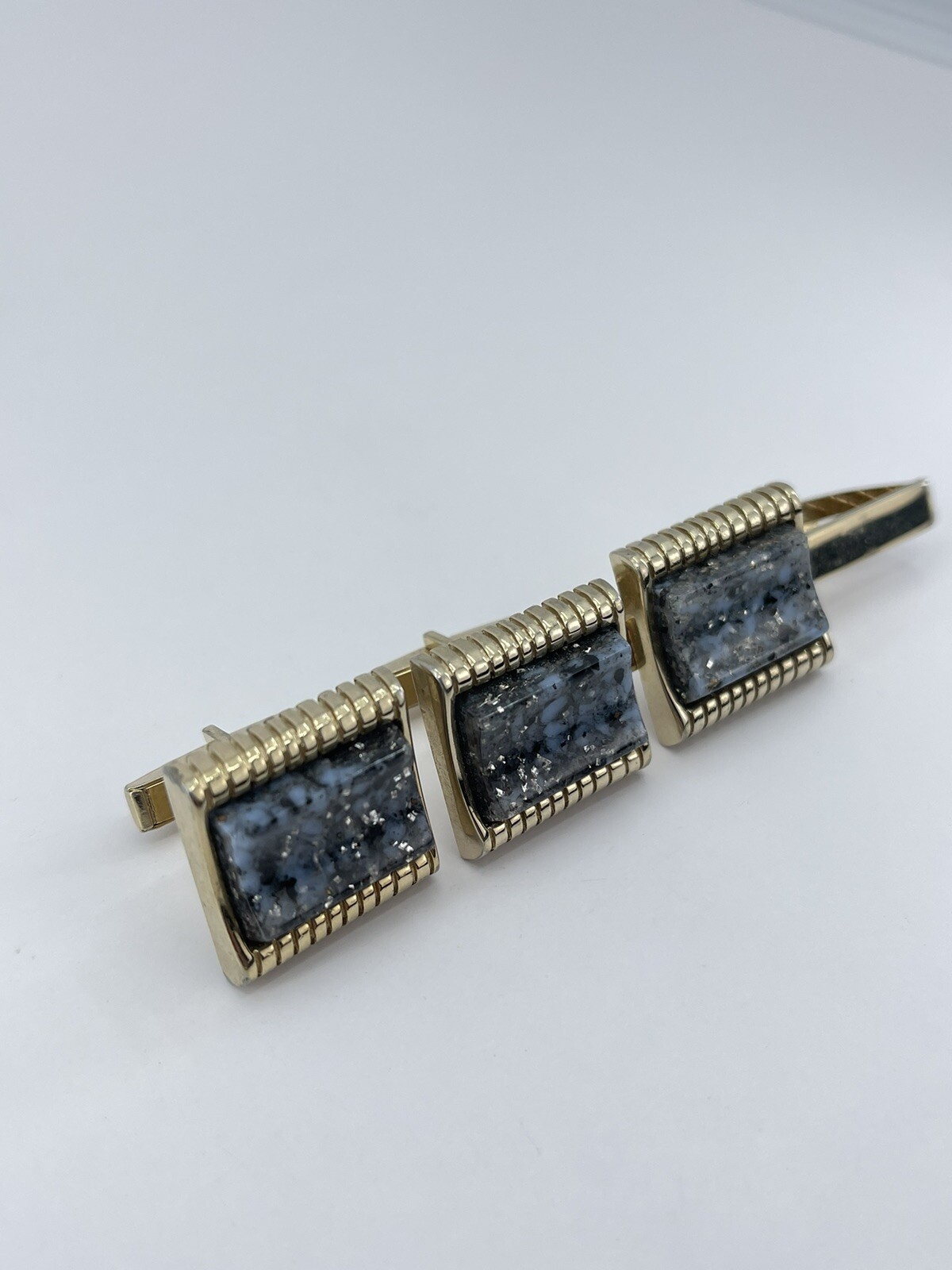 Cufflinks and Tie Clip Set concave glass rectangle gold tone