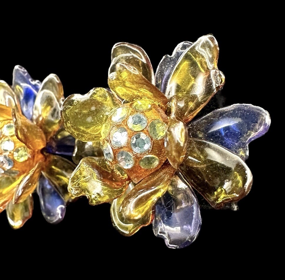 Vtg 1930/40s Cellulose Acetate & Rhinestone Flower Earrings Purple Green/Yellow