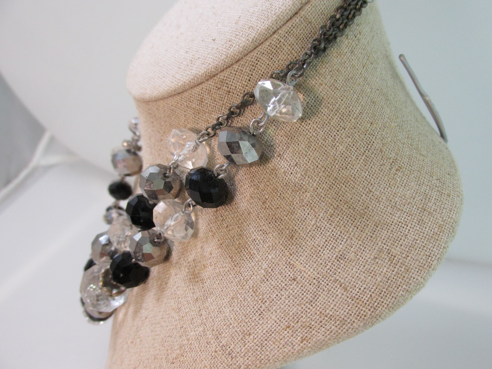Crown Trifari Faceted Beads Necklace Blk Crystal Clear Rhinestone Double Strand