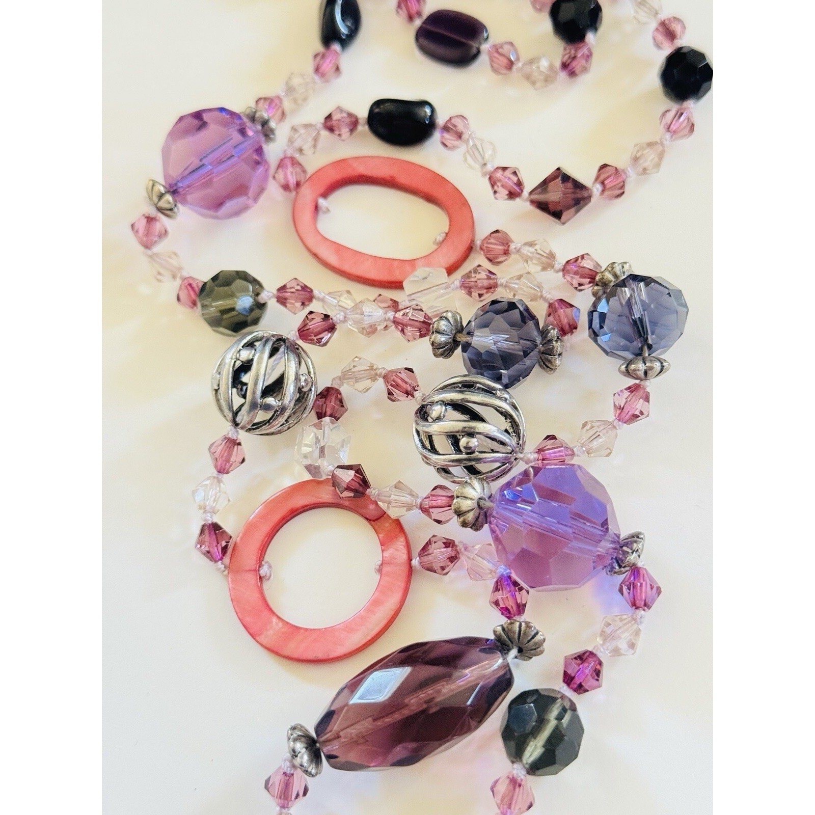 Vtg Necklace 90s Crystal Purple Pink Faceted Beads Mother Of Pearl Beads 40″
