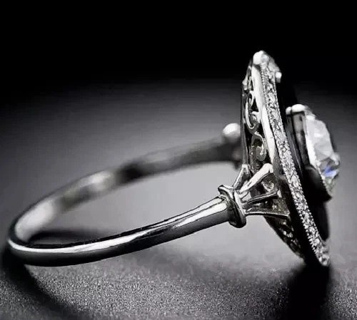 Art Deco Style Lab-Created Diamond & Black Onyx Wedding 14k White Gold FN Ring