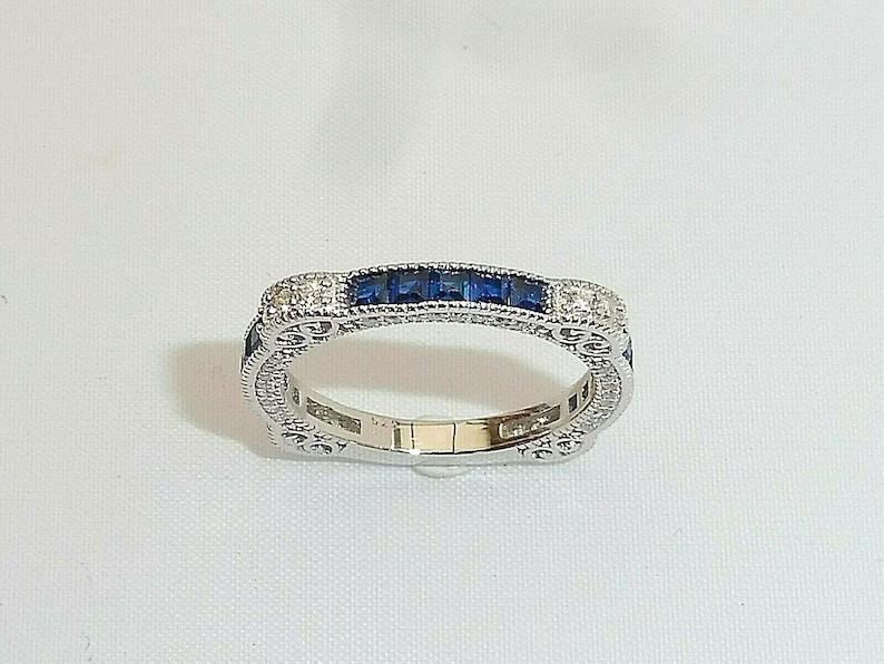 1/2 CTW Blue Baguette CZ Art Deco Antique Style Wedding Band Ring In 925 Silver