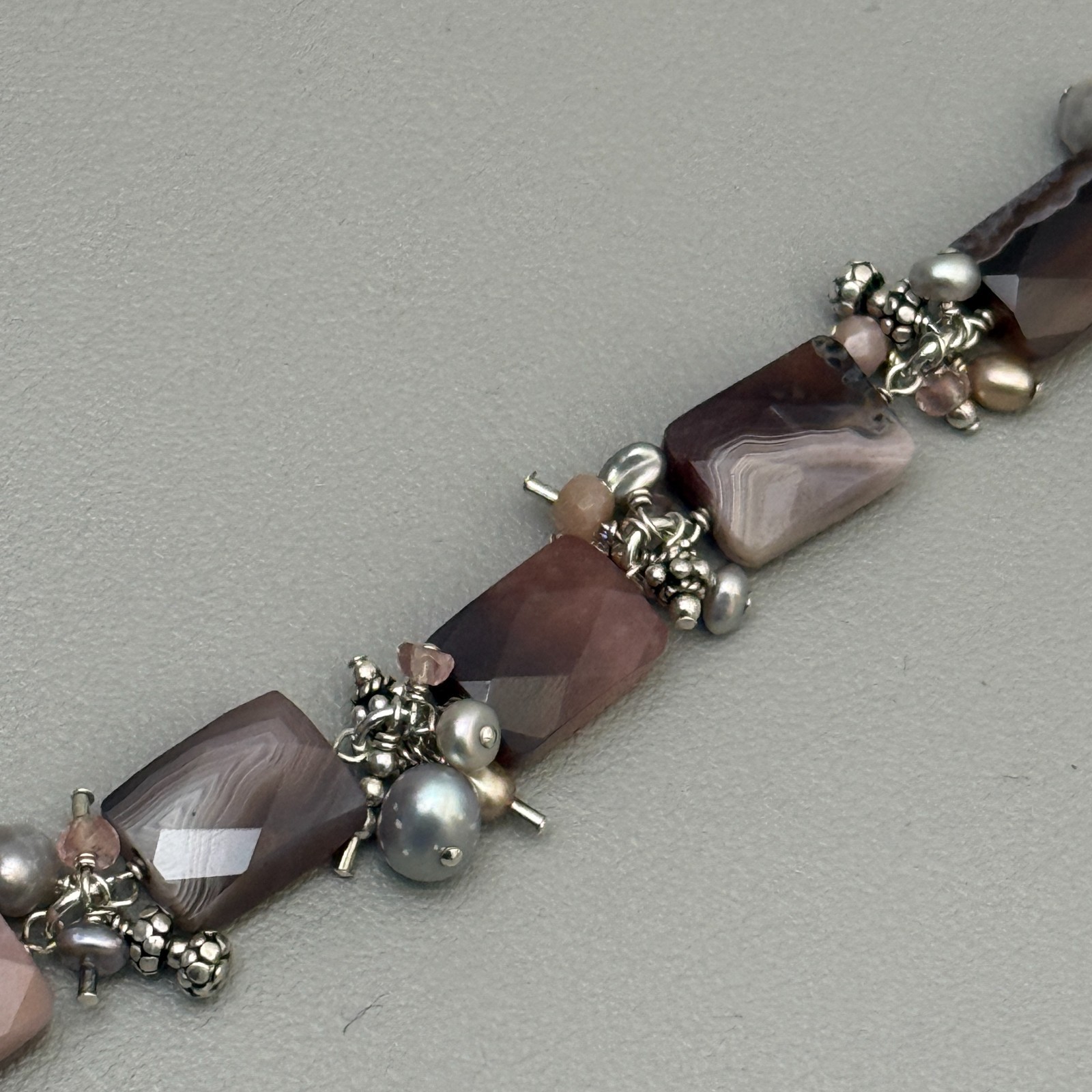 Artisan 925 Sterling Silver Banded Agate Pearl Bracelet Toggle Clasp 7″ Vintage