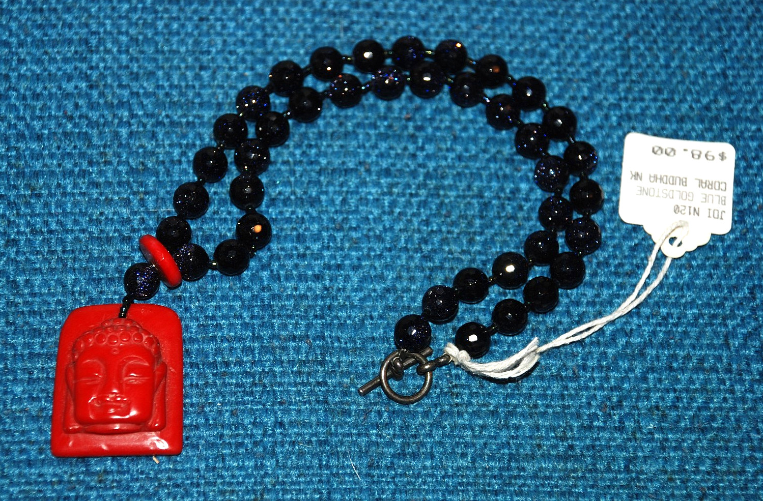Blue Goldstone Coral Budda Choker Necklace Women’s Jewelry JOI N120 Vintage 1987