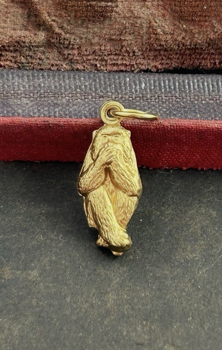 Vintage Charm Speak No Evil Monkey Necklace Pendant Puffy Brass Metal Jewelry