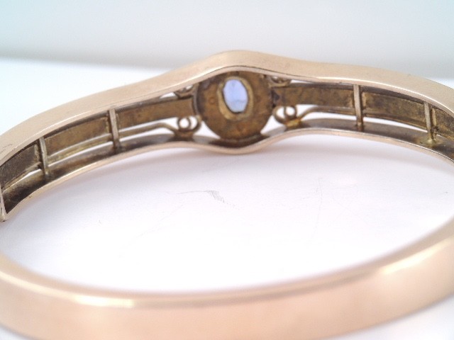 STUNNING ANTIQUE 14K GOLD FILLED WHITE & BLUE STONE HINGED BANGLE BRACELET
