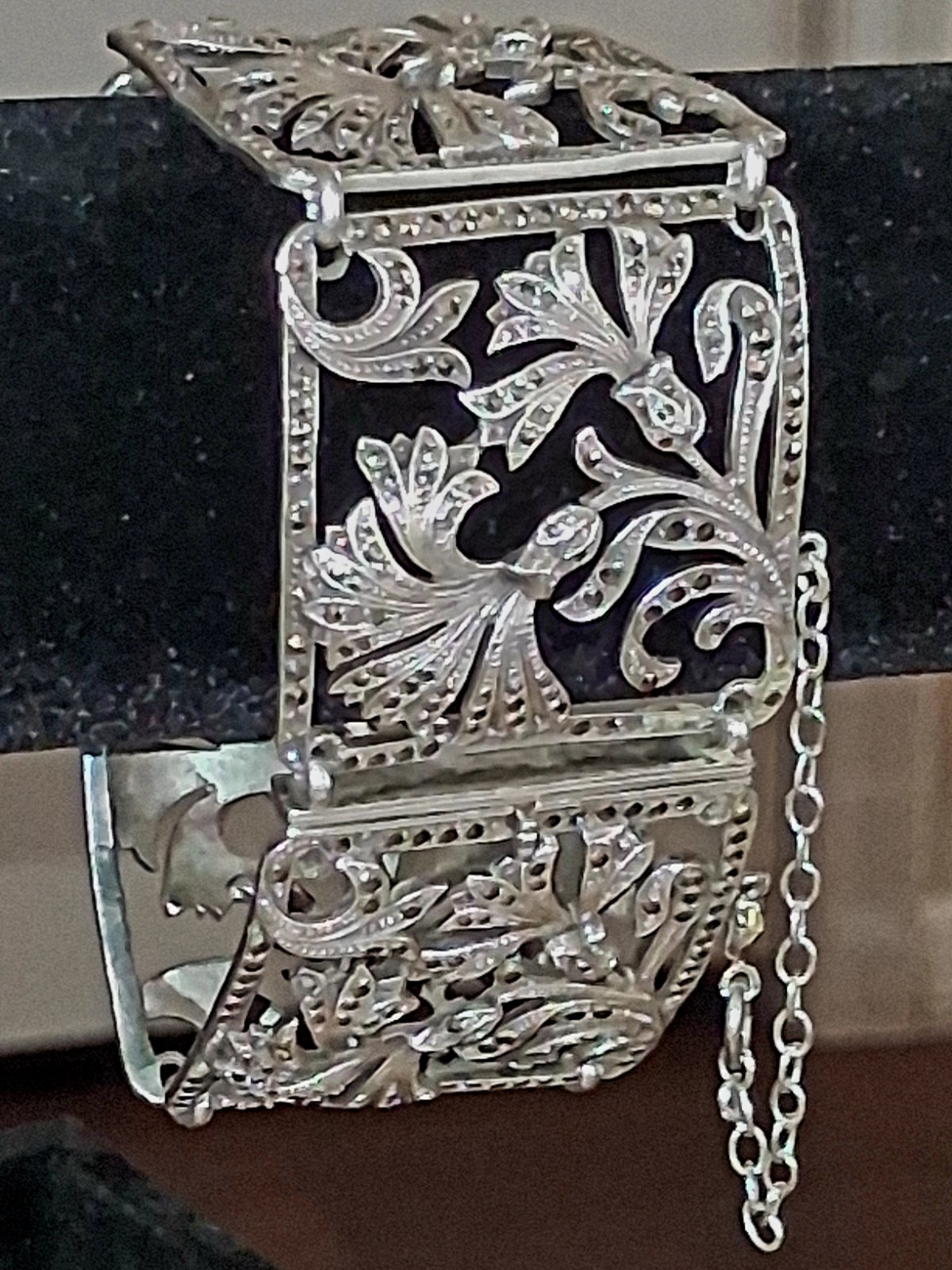 Vintage Italy 925 Sterling Silver Marcasite Wide Panel Bracelet Heavy 63g Ornate