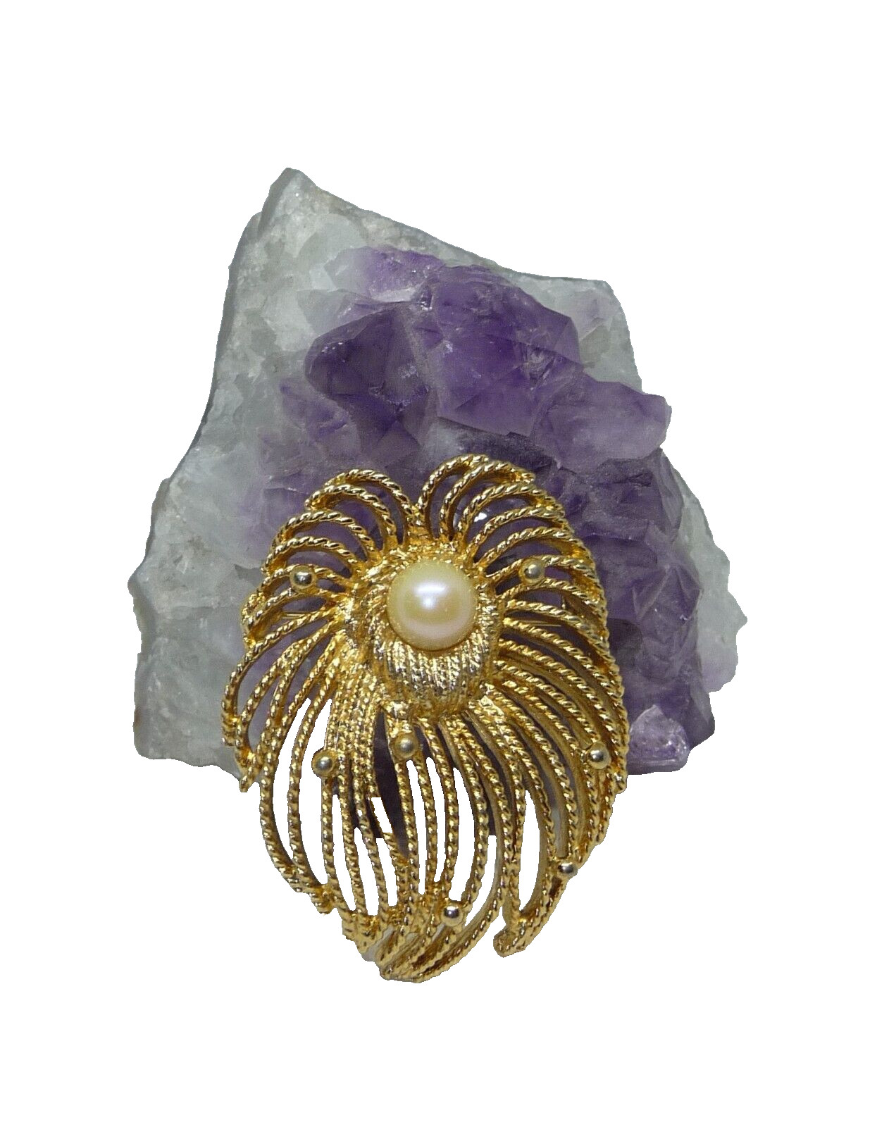 CAROLINE Emmons Waterfall Floral Brooch Pin Gold Tone Faux Pearl USA Seller