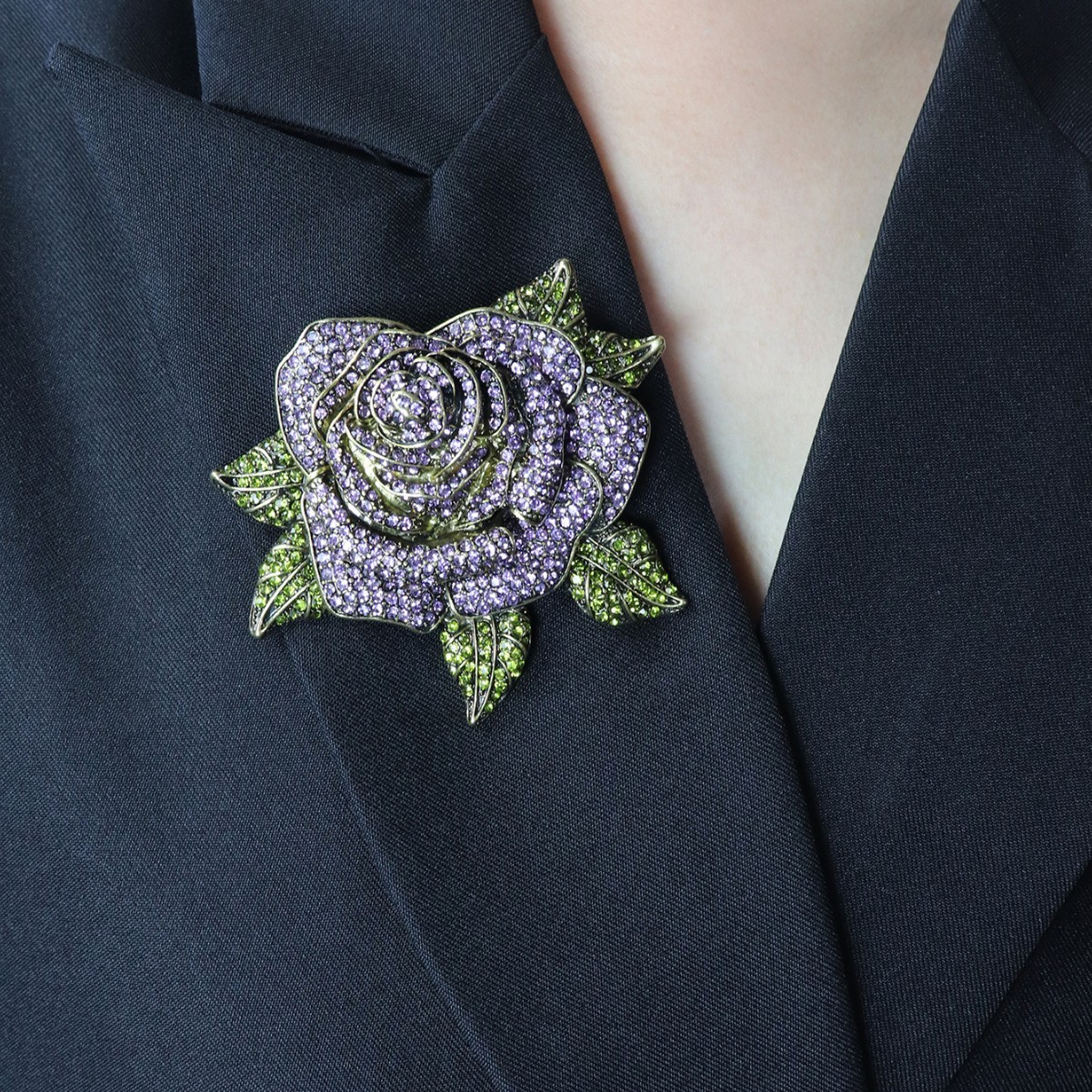 Heidi Daus Rhinestone Rose Brooch Purple Green Crystal Antique Bronze Floral Pin