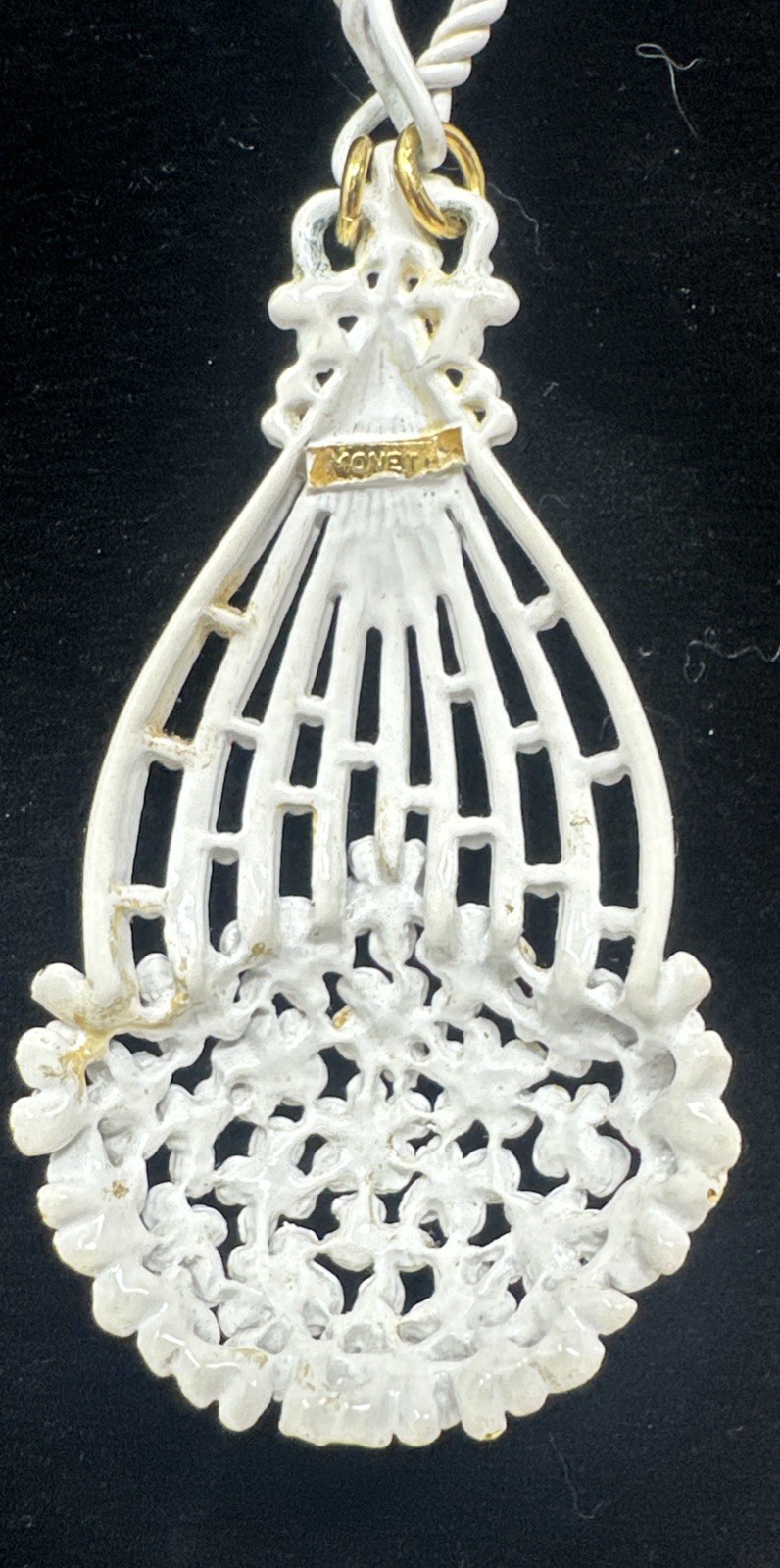 Vintage MONET white Enamel basket of flowers pendant, 26” Long Chain MCM