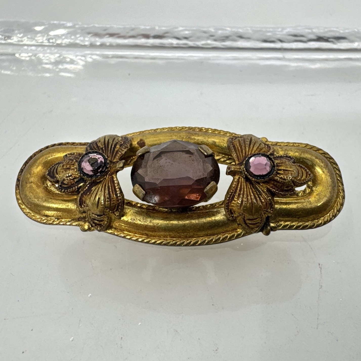 Antique Gold Plated Brass Victorian Brooch Amethyst Glass Stones Leaf Appliqués
