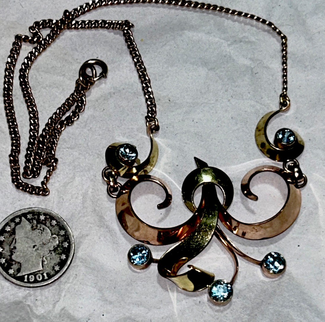 H S B Necklace 1/20 12k Rose Yellow Gold Filled FIVE Sparkling Blue ZIRCONS !!!!