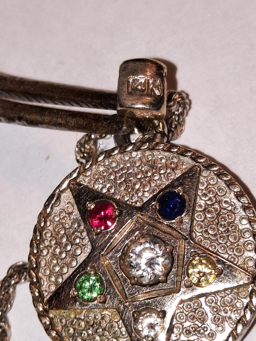 Vintage 14K white gold Masonic Eastern Star Pendant Charm & 20″ 10k rope chain