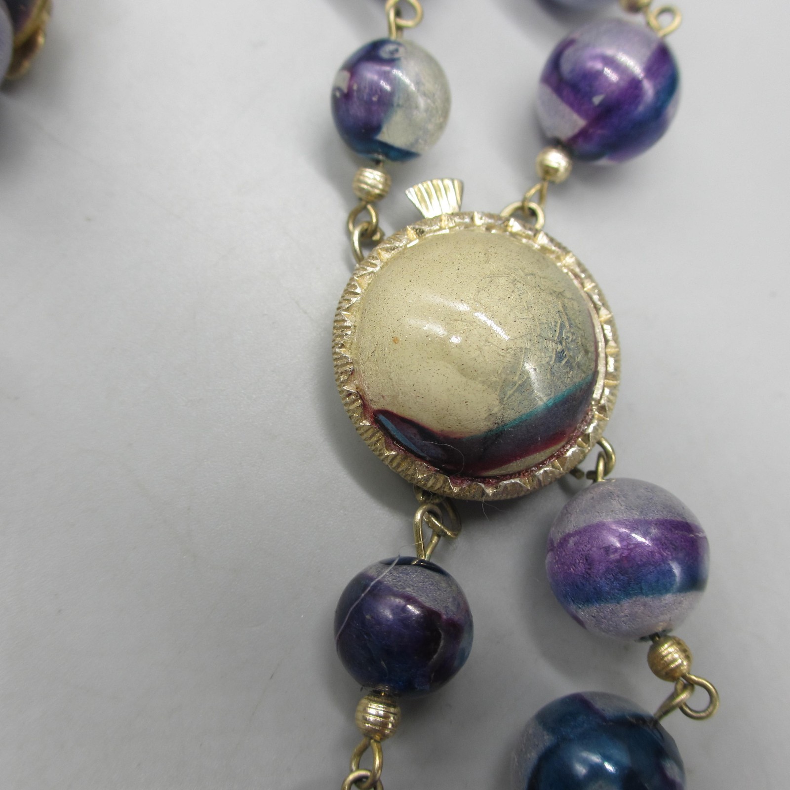 Vintage Hong Kong Necklace Earrings Set Beaded Blue Purple Clip Ons 23 Inch