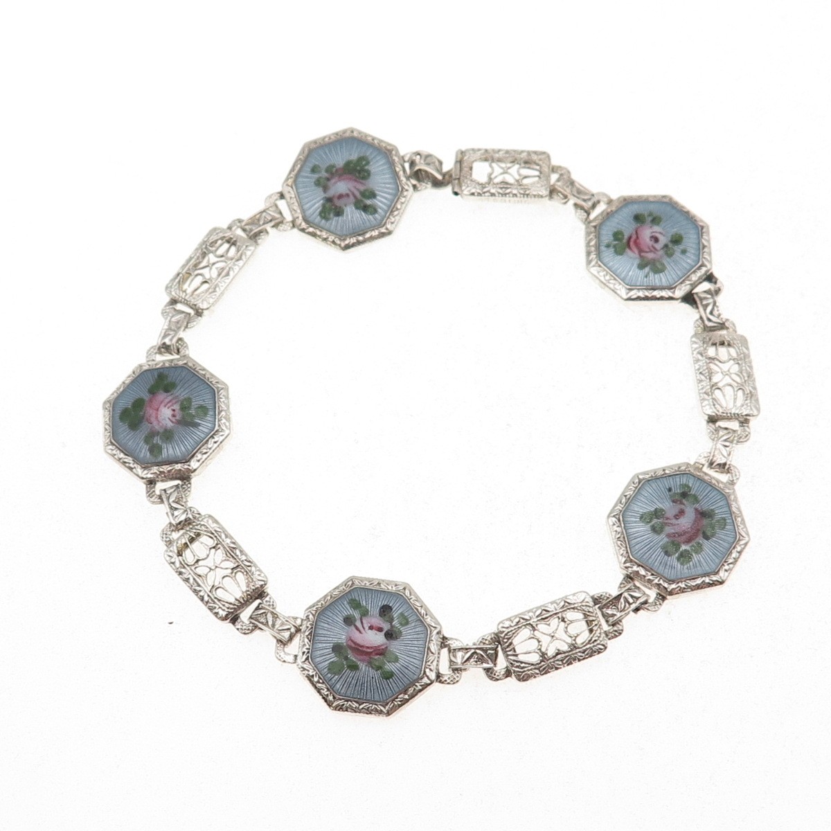 925 Sterling Antique Art Deco Enamel Floral Filigree Bracelet 7.25″ missing lock
