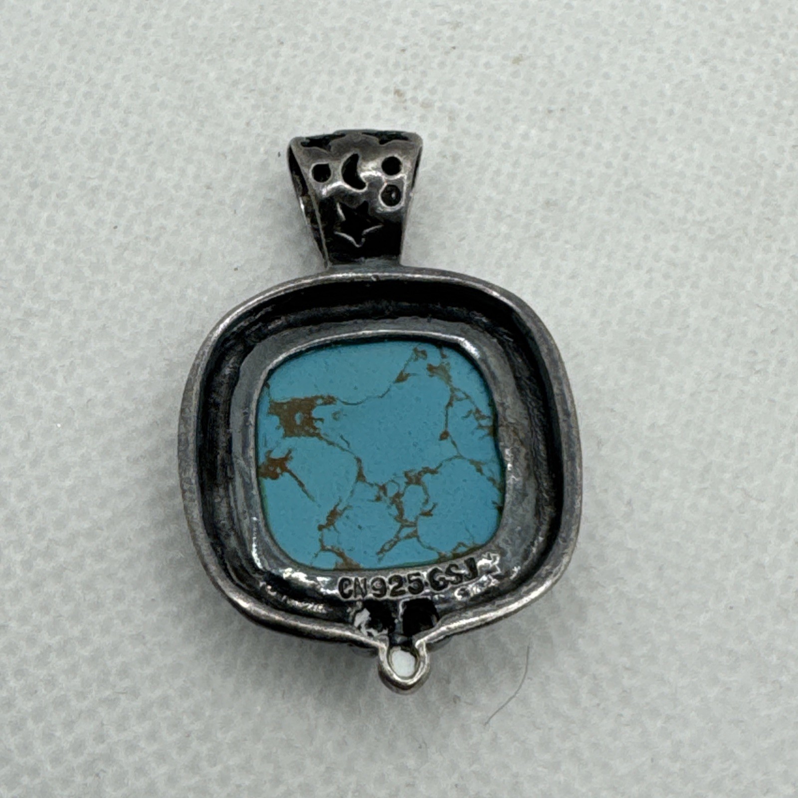 Vintage GSJ 925 Sterling Silver Rope Style Turquoise Rounded Sq Pendant 6.39g