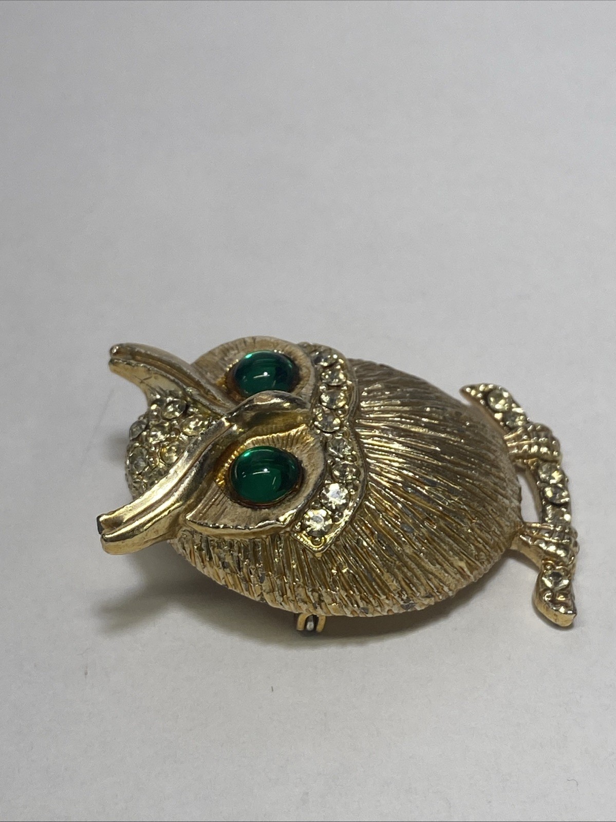Vintage Gold-Tone Owl Brooch Pin with Green Glass Eyes Clear Rhinestone Accents