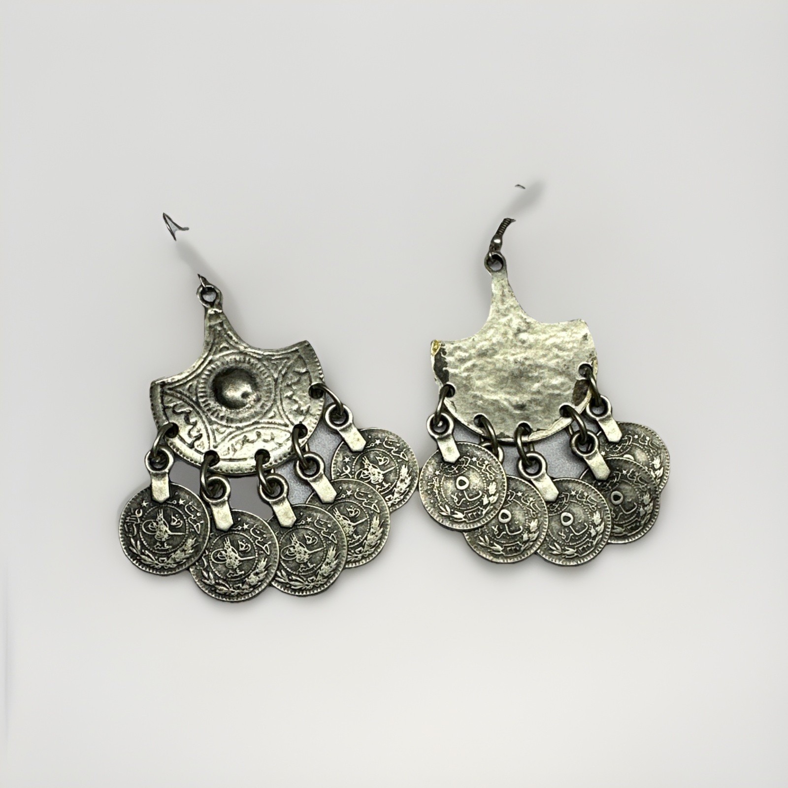 Antique Traditional Ottoman Tughra Coin Drop Earrings Silver Tone Ethnic Jewelry