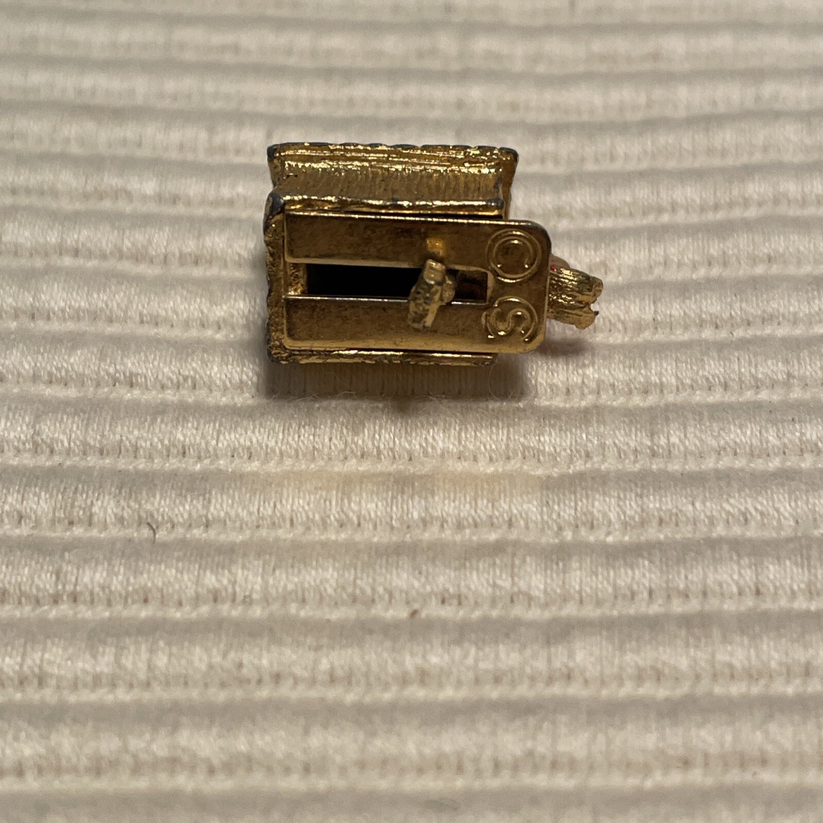 1960’s Man in Doghouse Goldtone Bracelet Charm Mechanical Signed C S Red Paint