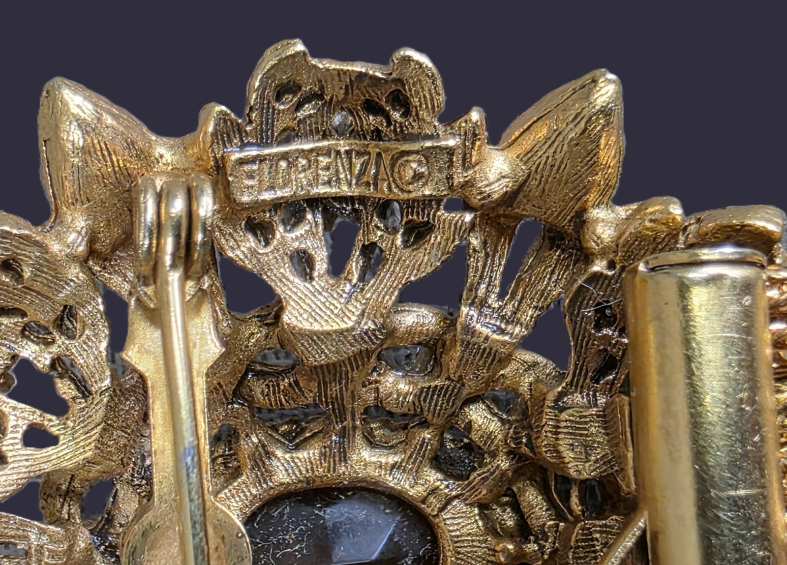 Vintage FLORENZA Rhinestone Heraldic Brooch Chain Fringe Pin