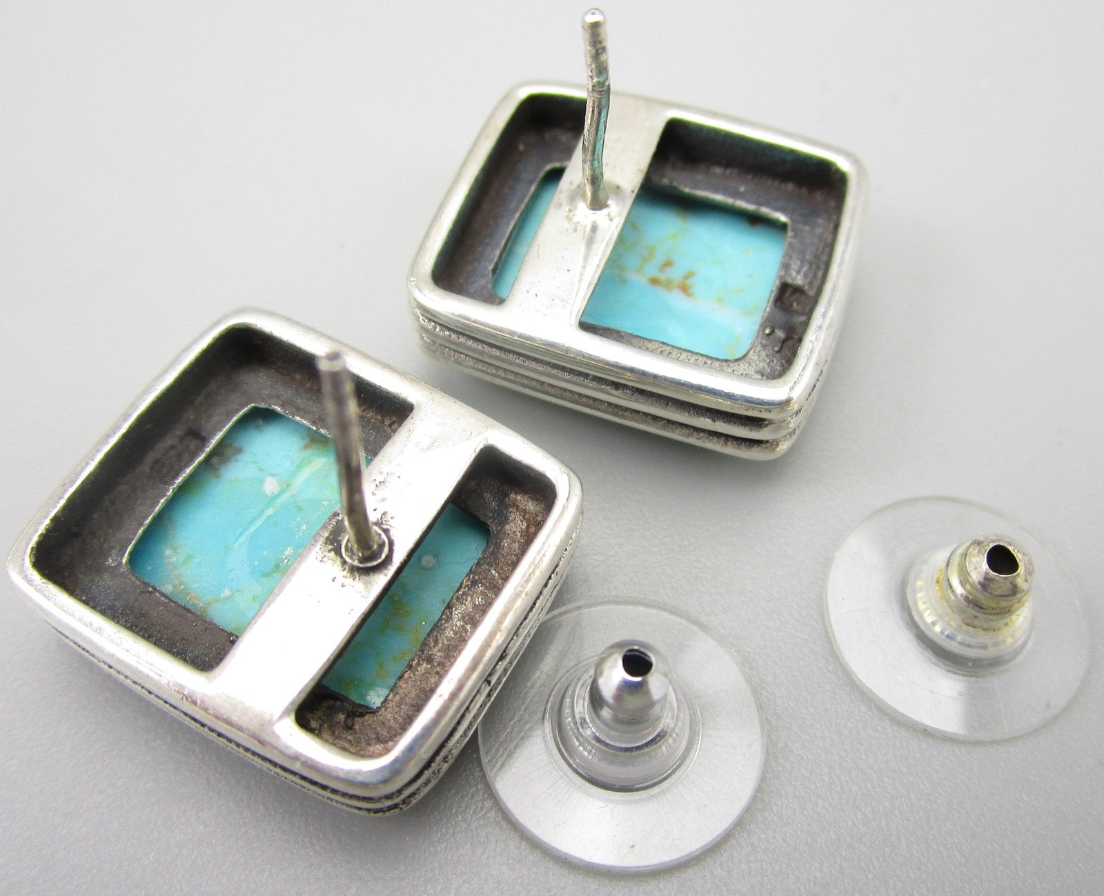 LOVELY VINTAGE STERLING SILVER TURQUOISE CABOCHON RECTANGLE STUD EARRINGS 11.5G