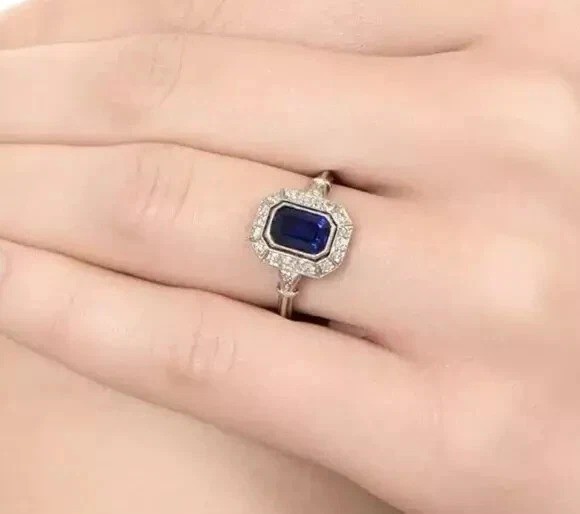 3Ct Art Deco Lab Created Sapphire Anniversary Wedding 14K White Gold Finish Ring