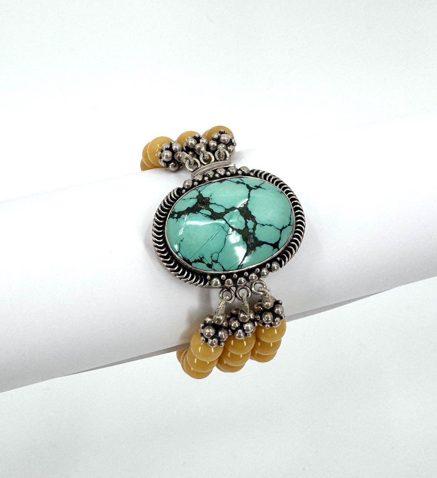 Vintage Turquoise Yellow Jasper And Sterling Silver Statement Bracelet