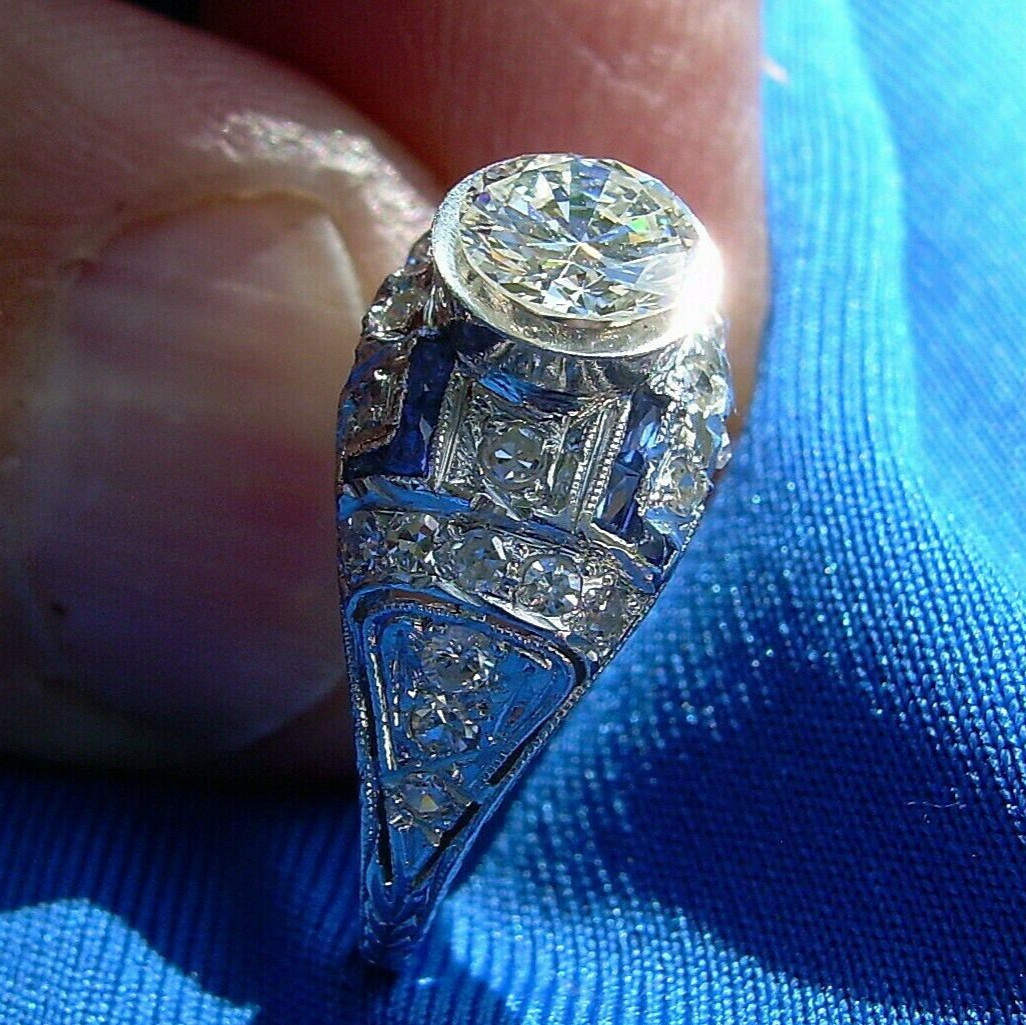 Original EARTH MINED DIAMOND Deco Engagement Ring Platinum Sapphire Solitaire 6