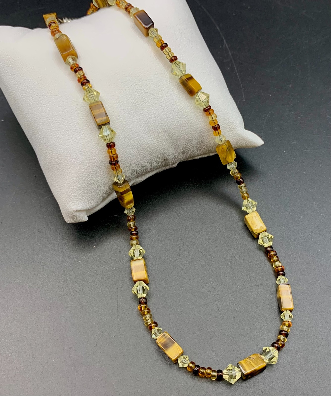 Hand Crafted Necklace Tiger’s Eye Gemstone and Crystal Beads 15″