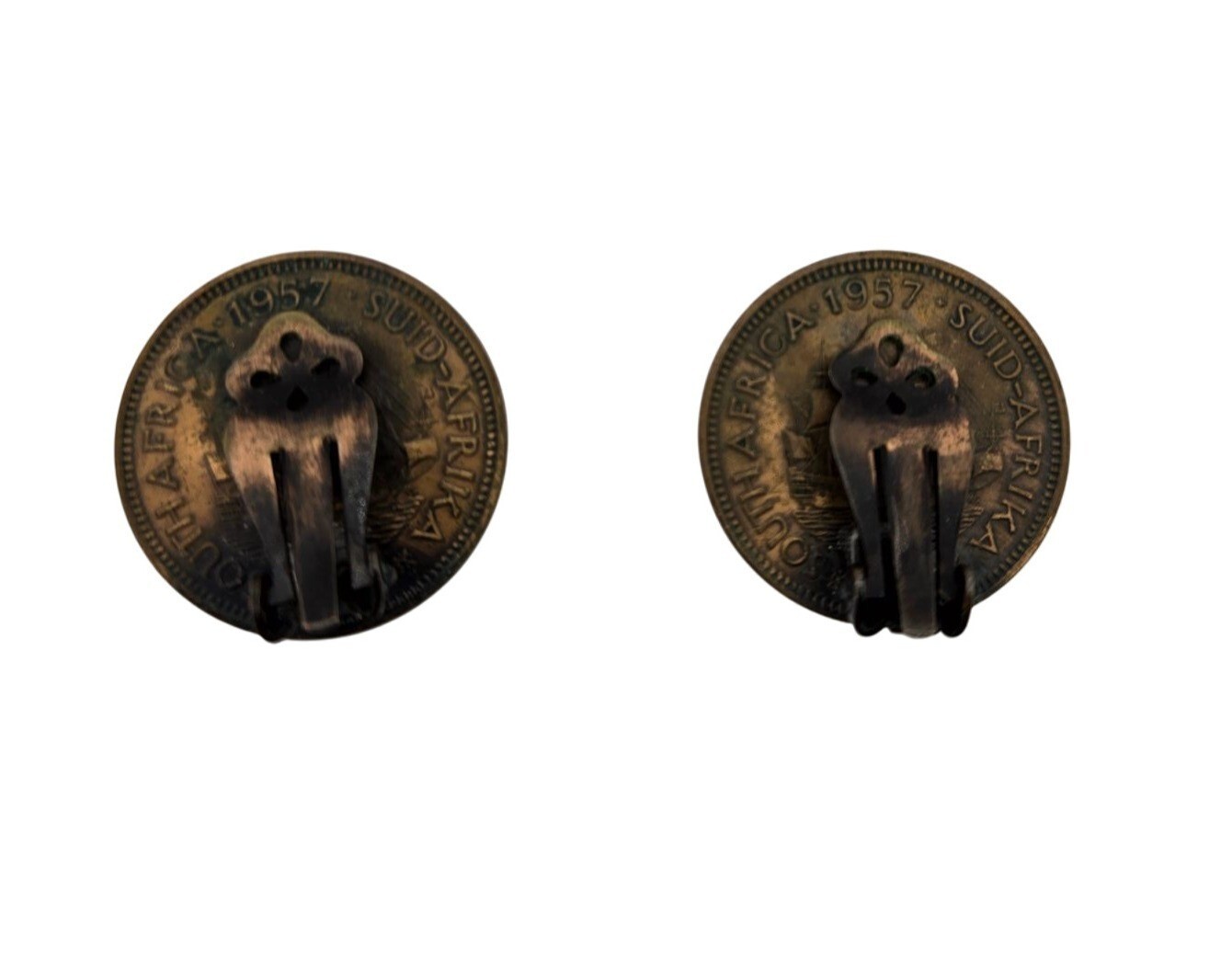 Vintage Penny Coin Clip-On Earrings Elizabeth II South Africa 1957 Patina