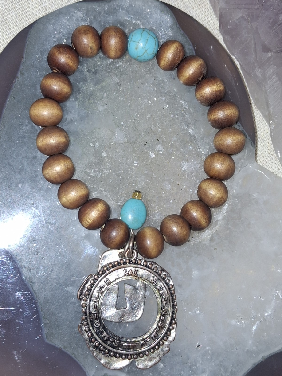 Vintage Silver Turquoise Wood Beaded Bangle Bracelet